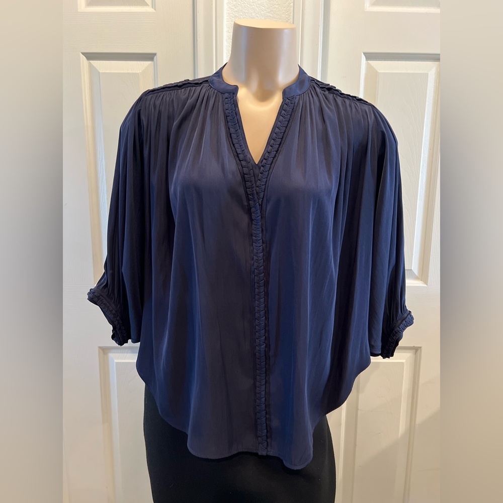 ***S O L D*** Classic Navy Blue Blouse with Bat Wing Sleeves and Braided Trim